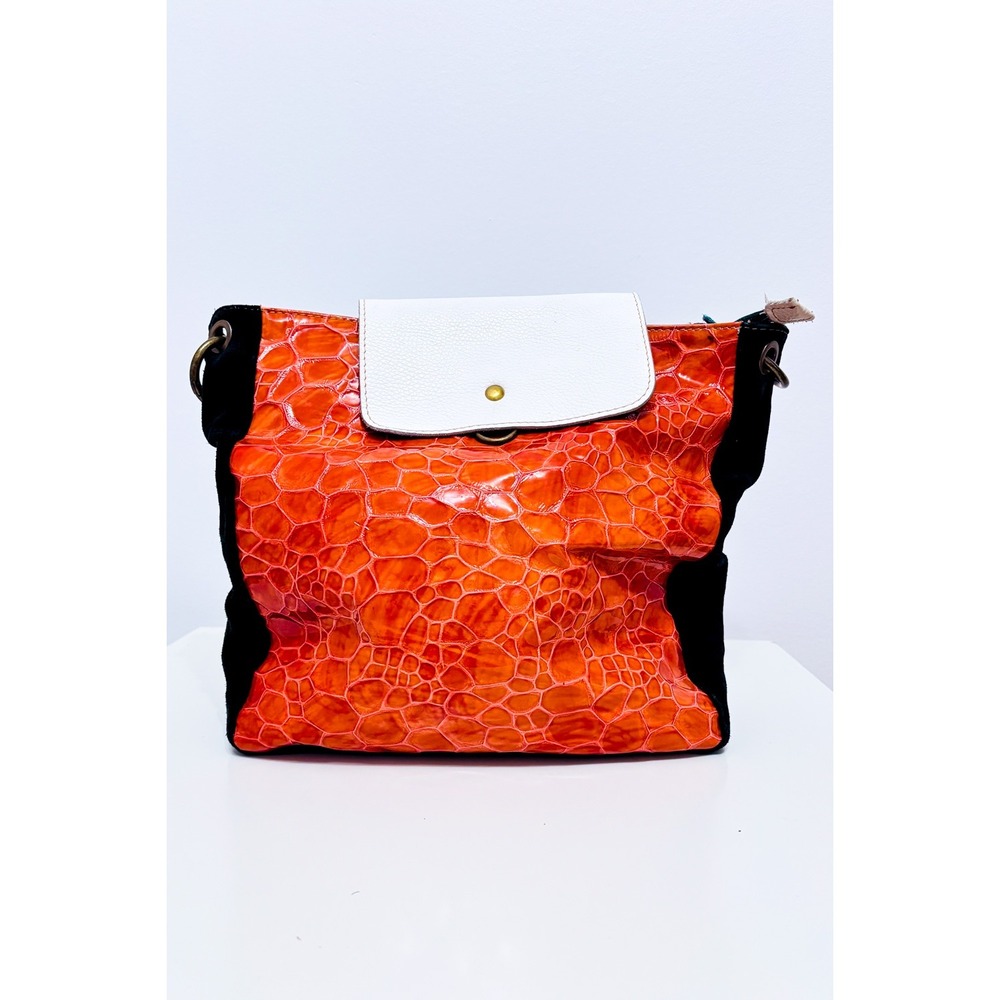 EBARRITO Orange Burgundy Metallic Leather Suede Colorblock Shoulder Bag